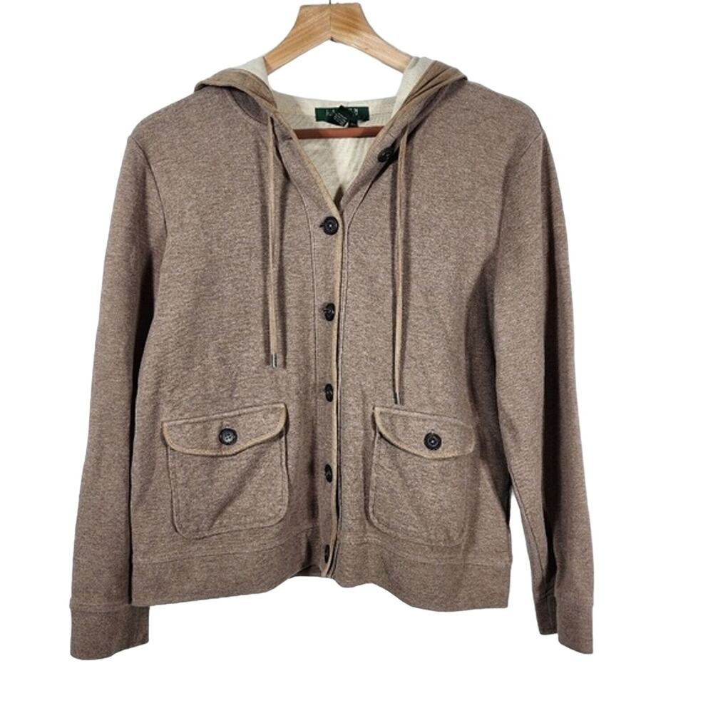 Lauren Ralph Lauren Brown Long Sleeve Button Up Hoodie Jacket Size Large